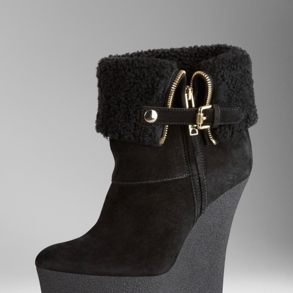 Black Suede Wedge Ankle Boots with Gold Zipper - Picture 1 of 5